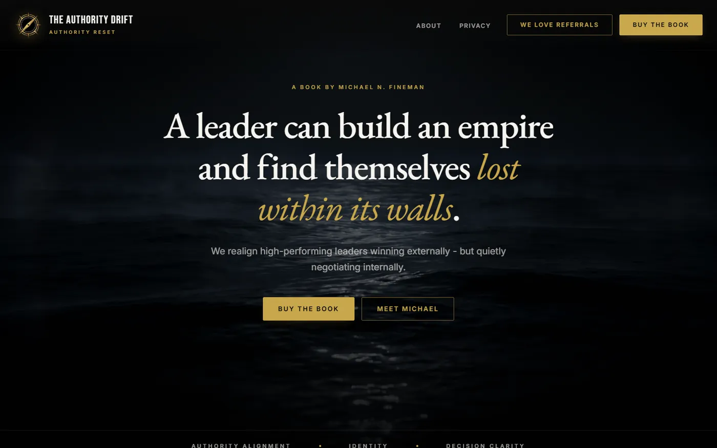 The Authority Drift website, above the fold: the book title, one line about who it is for, and two buttons