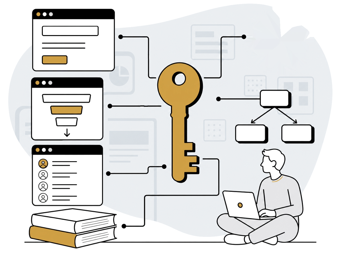 A gold key at the centre of a diagram, wired to a website layout, a sales funnel, a customer list, an automation flow and a gear, with a person working at a laptop.